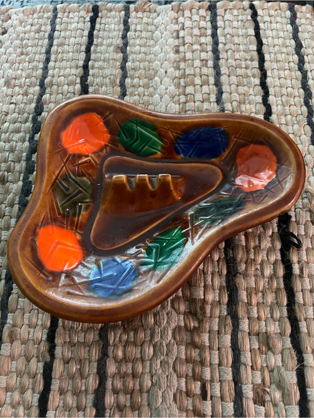 Vintage Brown Ceramic Ashtray with Colorful Accents